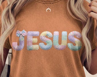 Jesus PNG, faux quilted religious shirt design, faux embroidered easter christian sublimation, varsity faith, preppy cottagecore jesus