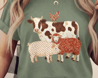 Western cow faux patchwork PNG for sublimation, country western farm animal design, hen pig lamp graphic, farmhouse art