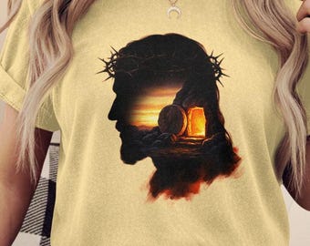 Resurrection silhouette PNG, jesus crown of thorns sunset tomb design, christian easter faith shirt graphic, digital download