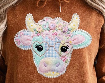 Floral highland cow patchwork PNG for sublimation, western easter patchwork design, cottagecore gingham, floral retro easter cow art
