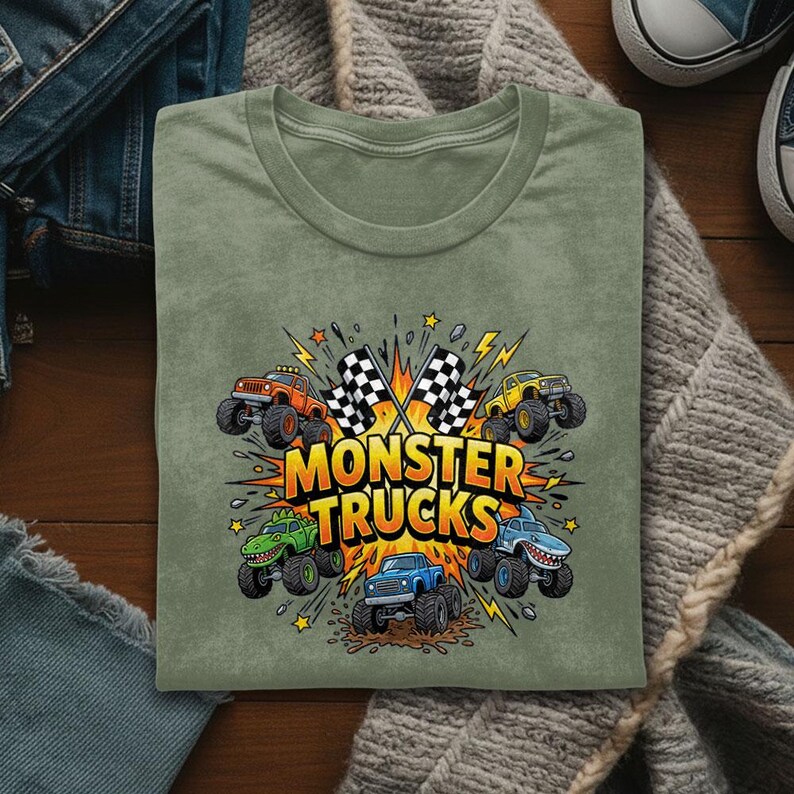 Pu&ograve; includere: Una maglietta verde salvia con una grafica colorata di monster truck. Il design include monster truck arancioni, gialli, verdi e blu, bandiere a scacchi e le parole "MONSTER TRUCKS" in grassetto, arancione.