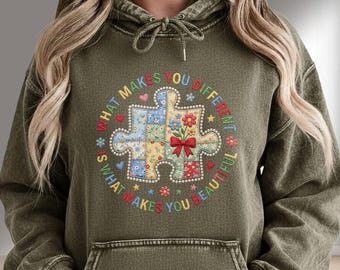 Patchwork autismo civetta PNG per sublimazione, design fiocco di consapevolezza retrò, citazione cosa ti rende diverso, arte sulla neurodiversità