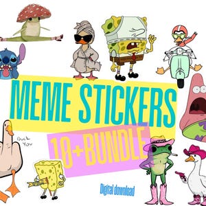 Puede incluir: Un conjunto de pegatinas de memes con personajes de dibujos animados e ilustraciones humorísticas. Las pegatinas incluyen un hongo, un pato con bata, Bob Esponja, un pato en un scooter, Patricio Estrella, un pato haciendo una peineta, una rana con sombrero de vaquero y un ganso con una pistola.