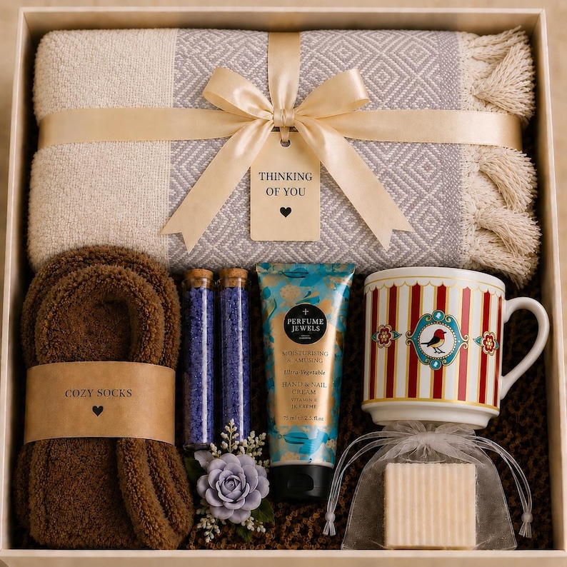 May include: A gift box containing a grey and cream patterned throw blanket with fringe, brown fuzzy socks, two glass vials of purple bath salts, a tube of Perfume Jewels hand cream, a striped mug with a bird graphic, and a bar of soap in a bag.