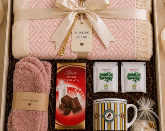 Classy Gift Basket for Women, Cozy Gift Box with Blanket, Socks, Candle , Self Care Gift Box, Hygge Gift Box, Thinking Of You Gift