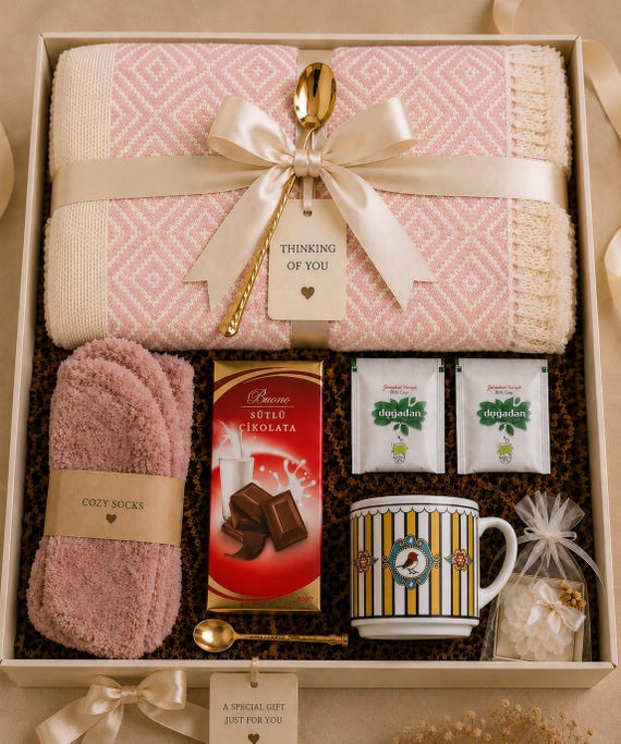 Classy Gift Basket for Women, Cozy Gift Box with Blanket, Socks, Candle , Self Care Gift Box, Hygge Gift Box, Thinking Of You Gift