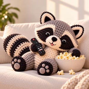 May include: A crocheted raccoon plush toy with grey, black, and cream yarn, featuring a striped tail, black eye patches, and a small pink tongue. The raccoon holds a black television remote control and sits beside a bowl filled with popcorn.
