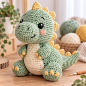 Puede incluir: Un peluche de dinosaurio tejido a ganchillo con cuerpo verde salvia, vientre color crema y púas amarillas a lo largo de la espalda y la cola. El juguete tiene grandes ojos negros, una sonrisa bordada y pequeñas mejillas rosas circulares.