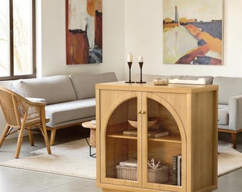 Arched Storage Cabinet Acrylic Doors Buffet Sideboard Oak Display Organizer Furniture Modern