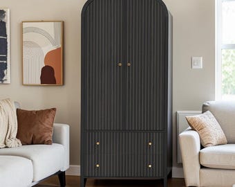 Arched Wardrobe Closet, Fluted Bedroom Armoire with Hanging Rod Storage Drawers