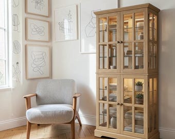 Glass Display Cabinet Oak Finish Curio Bookcase Adjustable Shelves LED Lighting Collectibles Storage