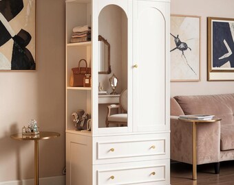 Arched Wardrobe Closet with Mirror Drawers Hanging Rod Shelves and Bedroom Storage