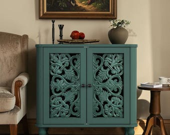 French Country Accent Cabinet with Floral Carving, Wooden Sideboard Storage Console