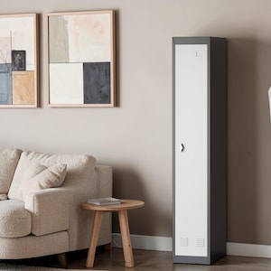 May include: A tall, narrow, rectangular storage locker featuring a dark gray frame and a solid white door. The door includes a small silver handle, a circular lock mechanism, and a set of horizontal ventilation slats located at the bottom.