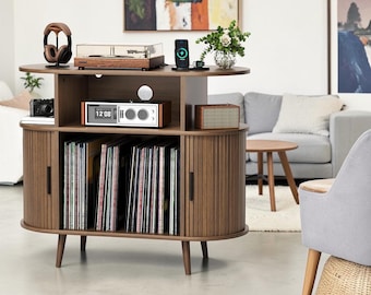 Record Player Stand Vinyl Storage Cabinet Charging Station Mid Century Media Console Walnut