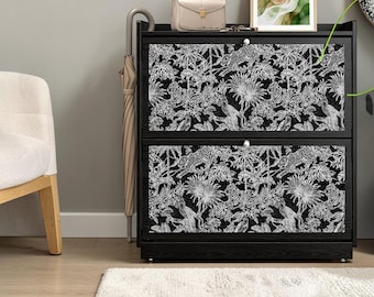 Slim Black Shoe Storage Cabinet Flip Drawer Entryway Narrow Organizer Floral Design
