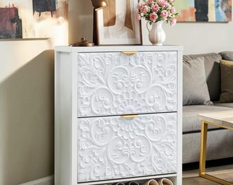 Floral Shoe Storage Cabinet, Slim Entryway Organizer with Hidden Flip Drawer Compartments