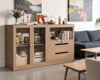 63 Inch Sideboard Buffet Cabinet Glass Doors Drawers Coffee Bar Storage Console Cabinet Organizer