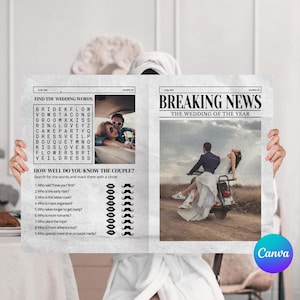 Wedding Newspaper Template – Vintage Canva Editable with Reception Games, Printable Newspaper Download