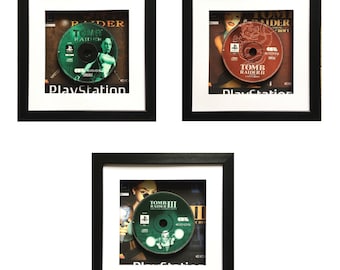 Tomb Raider 1, 2 & 3 PS1 Triptych Game Disc Set - Wall Art Playstation Picture Art