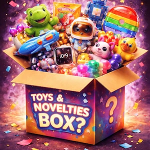 Puede incluir: Una caja colorida rebosante de juguetes y novedades, incluyendo un peluche de rana verde, un robot azul y un juguete arcoíris. La caja tiene el texto "TOYS & NOVELTIES BOX?" en la parte delantera. También se ven confeti y un reloj digital.