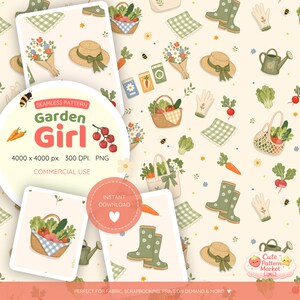 May include: A seamless pattern featuring gardening elements like a straw hat, boots, gloves, baskets of vegetables, and a watering can. The design includes the text "Garden Girl" and "Instant Download". The color palette is soft, with beige, green, and orange hues.