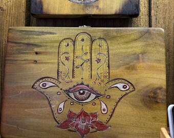 Assorted Hamsa Art ; hand drawn, etched/burned into reclaimed wood