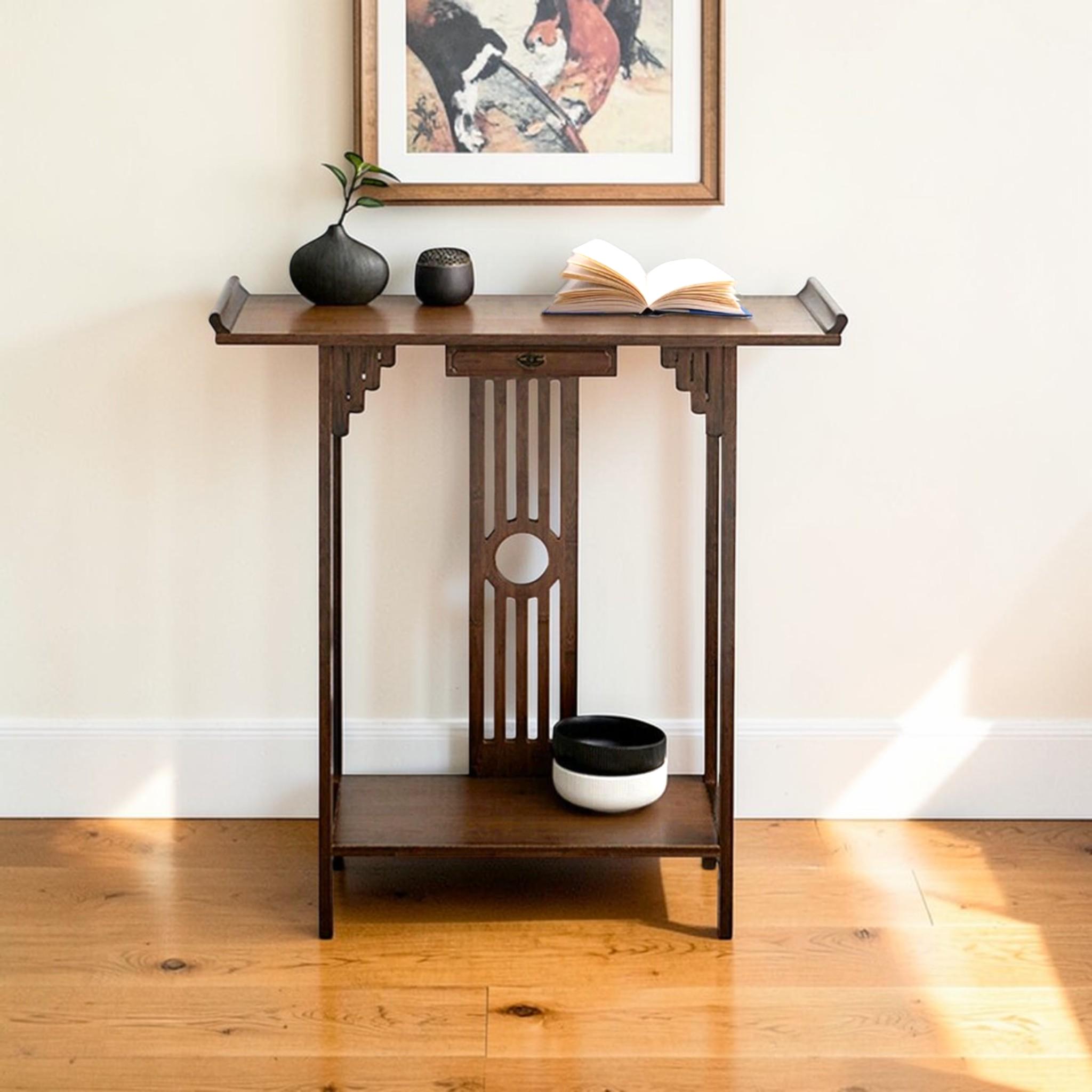 Table De Chevet Asiatique Noire En Bois – Style Chinois, Console D'appoint, 1 Tiroir