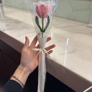 May include: A pink tulip flower wrapped in clear cellophane and tied with a white ribbon. The flower has green stem and leaves. The word "LOVE" is visible on the flower.