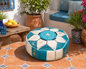 Puf marroquí de piel, otomana redonda hecha a mano, cojín de suelo sin relleno, reposapiés bohemio, regalo de decoración para el hogar