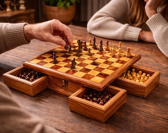 Ręcznie robiony duży zestaw szachów z drewna Thuya – marokańska szachownica z drewnianymi figurami – luksusowe pudełko na szachy – gra turniejowa – wyjątkowy pomysł na prezent