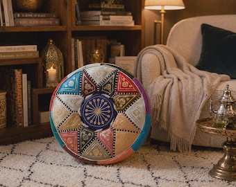 Puf otomano marroquino de couro feito à mão, almofada de chão boho, apoio para os pés sem enchimento.