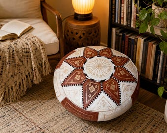 Runder marokkanischer Leder-Hocker, ungefüttert, handgefertigtes Bodenkissen, Boho-Fußhocker-Dekor