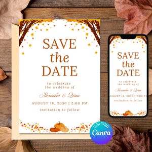 Może przedstawiać: Biała karta Save the Date oraz smartfon wyświetlający ten sam wzór, z brązowym tekstem, obramowaniem z jesiennych liści i pomarańczowymi dyniami na dole. Tekst brzmi Save the Date to celebrate the wedding of Alexandra & Quinn, August 18, 2030, 2:00 PM, invitation to follow.