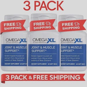 May include: Three white supplement bottles with blue labels and the text "OMEGA XL JOINT & MUSCLE SUPPORT". Each bottle has a red banner that says "FREE SHIPPING". The text "3 PACK" is at the top.