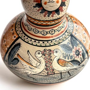 Signierter Florentino Jimon Barba Tonala Gourd Krug, Großmeister mexikanische Volkskunst Bule Wasserflasche, brünierter Barro Brunido Birds & Sun