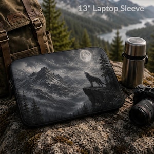 Wolf Mountain Landscape Laptop Sleeve | Moonlit Forest Wildlife Art Case