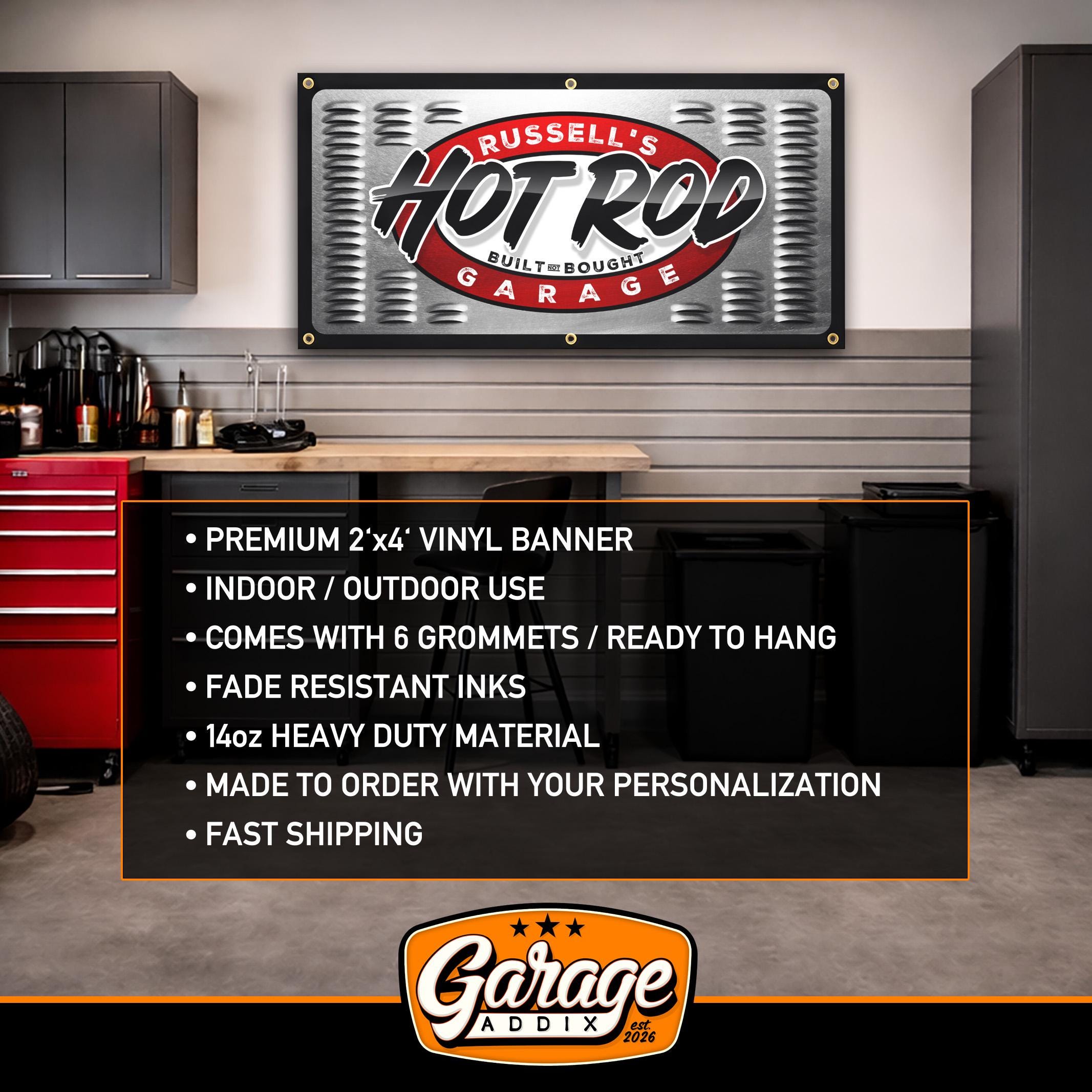 Personalized Hot Rod Garage Banner, Custom Man Cave Wall Art, Speed ...