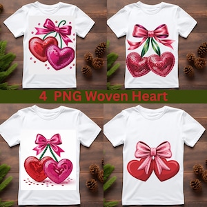 Op de afbeelding: Witte T-shirts met hartmotieven. Elk shirt heeft een andere hartafbeelding, waaronder paillettenharten en strikken. De tekst "4 PNG Woven Heart" wordt onderaan de afbeelding weergegeven.