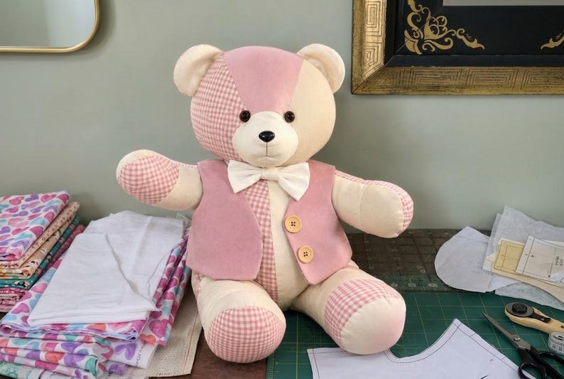 May include: A plush teddy bear constructed from patchwork fabric in shades of cream and light pink, featuring a gingham pattern on the ears, arms, and legs. The bear wears a solid pink vest with two wooden buttons and a white bow tie at the neck.