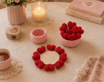 Heart Coaster Crochet And Basket Pattern - Amigurumi Teacup Mat Crochet - Valentine's Day Coaster- 2 PDF Bundle - Instant PDF Download