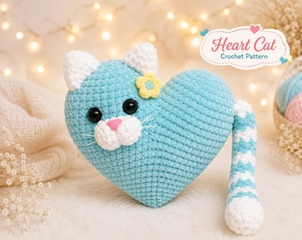 Crochet Heart Cat Pattern PDF, Heart Shaped Cat Plush, Floral Cat Amigurumi Pillow, Kitty Toy, Valentine Gift, Instant Download, US Terms