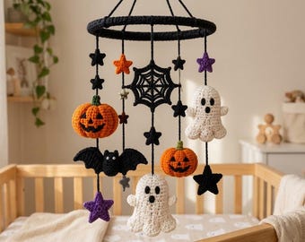 Crochet Halloween Baby Mobile Pattern PDF, Ghost Pumpkin Bat Crib Mobile, Amigurumi Nursery Decor, Halloween Crochet Digital Download Gift