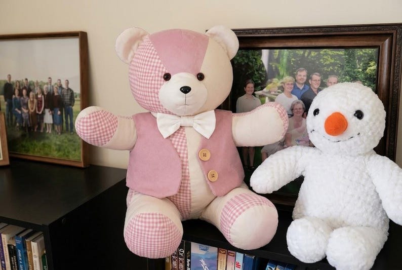 May include: A plush teddy bear with a patchwork design of pink gingham and solid cream fabric, wearing a pink vest with two wooden buttons and a white bow tie, positioned next to a white plush snowman with a bright orange carrot-shaped nose.