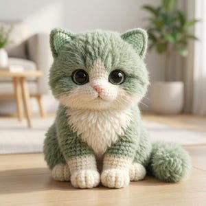Può includere: Un gatto all'uncinetto fatto a mano, verde e bianco. Il gatto ha grandi occhi espressivi, un naso rosa e una coda soffice. È seduto su una superficie di legno. Un oggetto decorativo carino, ideale come regalo.