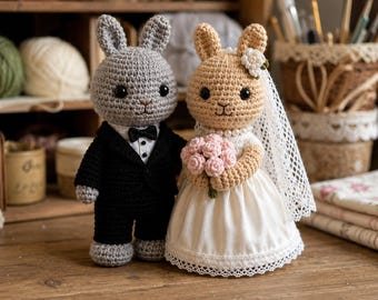 Groom & Bride Bunny Crochet Pattern, Wedding Bunny Couple Amigurumi, Male Female Rabbit Doll Pattern, Easy Digital Download PDF