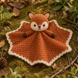 May include: A crocheted fox-shaped baby comforter in shades of brown, cream, and dark brown. The fox has a detailed face with black eyes and a small nose. The blanket portion is a star shape with a cream-coloured scalloped edge. The toy is set on a bed of moss.