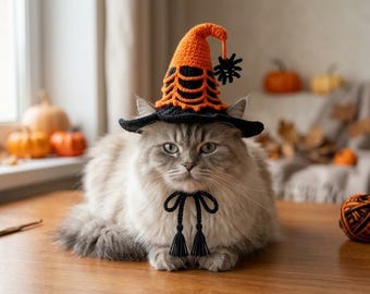 Crochet Witch Hat Pattern for Cats, Halloween Cat Costume Crochet Pattern, Spider Web Witch Hat, Whimsical Web Witch Hat, Digital Download
