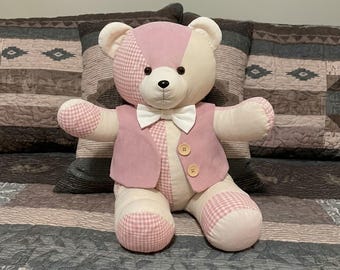 Memory Bear Sewing Pattern, Patchwork Teddy Bear PDF Pattern, Keepsake Bear Sewing Pattern, Sitting Teddy With Vest DIY Digital Download