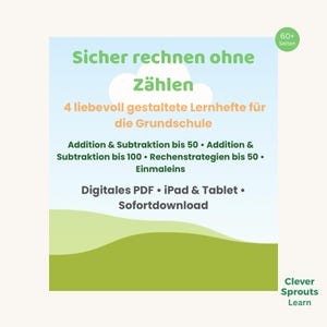 Puede incluir: Recurso educativo en PDF digital con fondo azul claro y detalles verdes. El texto dice "Sicher rechnen ohne Zählen" y enumera temas como suma, resta y multiplicación. Incluye información sobre "iPad & Tablet" y "Sofortdownload".